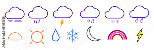 Weather icons set. Line art vector simple outlines illustrations. Meteorological infographics signs. Web icons vector design
