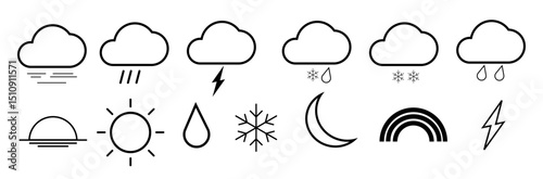 Weather icons set. Line art vector simple outlines illustrations. Meteorological infographics signs. Web icons vector design