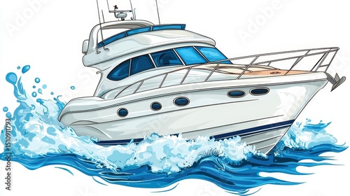 White luxury motor yacht speeding across blue water, creating a dynamic wake of ocean spray. The vessel is depicted in a detailed, vector style illustration against a white background.