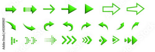Set of new style green vector arrows isolated on white. Arrow vector icon. Arrows vector illustration collection 3d