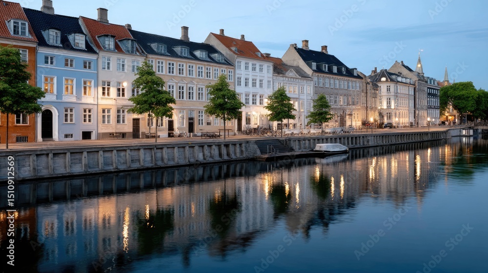 Obraz premium Evening falls over the city, illuminating the houses along the canals with a warm glow and reflections in the calm waters.