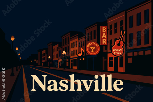 Nashville’s Broadway Street with Neon Lights at Night