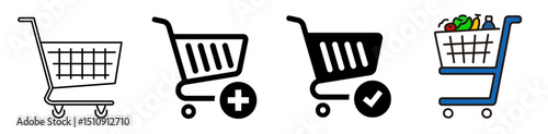 Verified cart icons. Shopping cart and check mark. Flat style. Vector icons