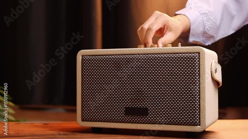 Vintage Style Bluetooth Speaker on a Table with Warm Lighting and Cozy Atmosphere in a Modern Living Space