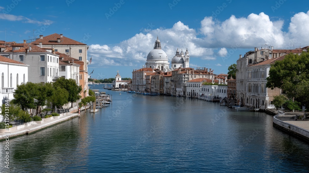 Fototapeta premium The canal with its stunning architecture and white-domed church.