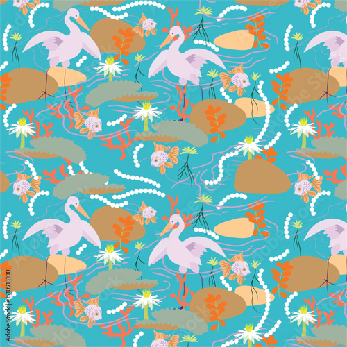 LANDSCAPE PRINT WITH HERONS FISHING FISH WITH A RIVER FULL OF AQUATIC PLANTS, PATTERN FOR PRINTING ON FABRIC OR VARIOUS SURFACES