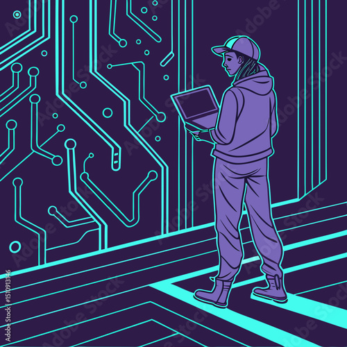 "Futuristic tech background — circuit patterns, neon lines, dark theme, vector style"

