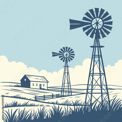 "Flat windmill farm background — rural vector field, blue sky, minimal style"

