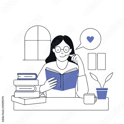 Vector Illustration of Woman Reading Book Minimalist Design