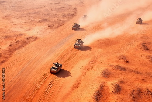 A line of military vehicles travels along a dusty road in a vast desert. The sun rises, casting warm tones over the sandy terrain as troops conduct a training operation