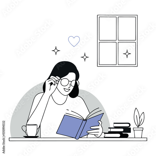 Vector Illustration Woman Reading Book Coffee in Line Art Style