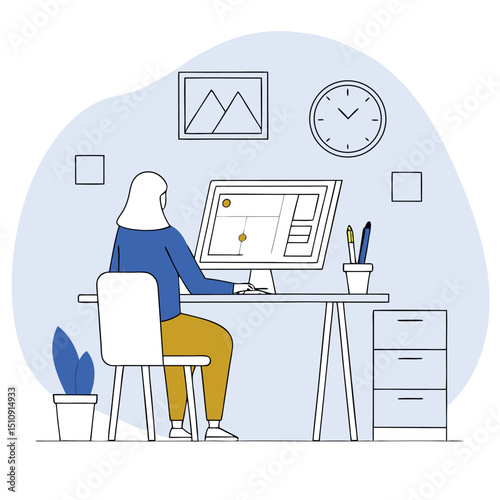 Woman Working at Computer Vector Illustration Home Office Design