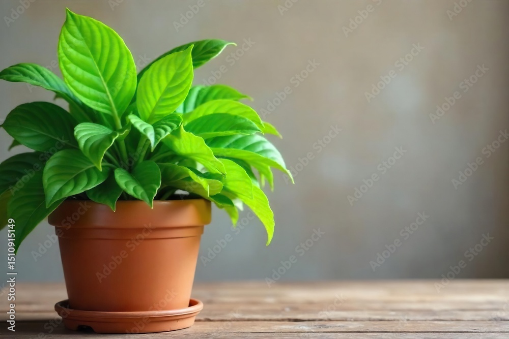 Fototapeta premium A vibrant green potted plant with lush leaves, thriving in a terracotta pot on a rustic wooden table Perfect for home decor, gardening, and spring themes , gardening, background, vitality