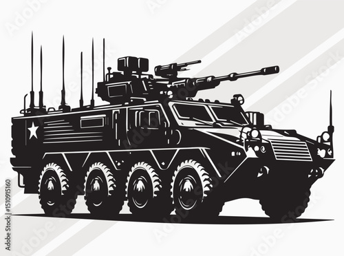 Military Armored Vehicle Silhouette Black Vector Illustration, Armored Military Vehicle with Advanced Tactical Equipment for Defense Operations