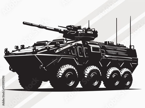 Military Armored Vehicle Silhouette Black Vector Illustration, Armored Military Vehicle with Advanced Tactical Equipment for Defense Operations