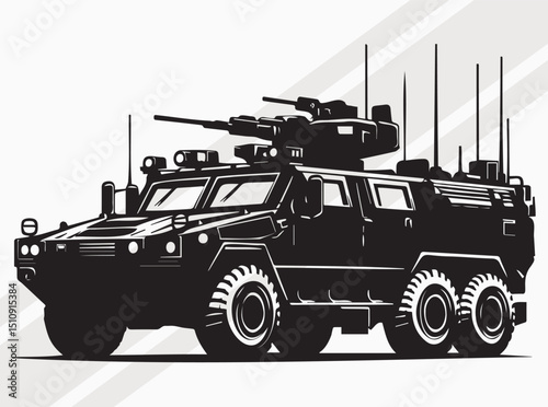 Military Armored Vehicle Silhouette Black Vector Illustration, Armored Military Vehicle with Advanced Tactical Equipment for Defense Operations