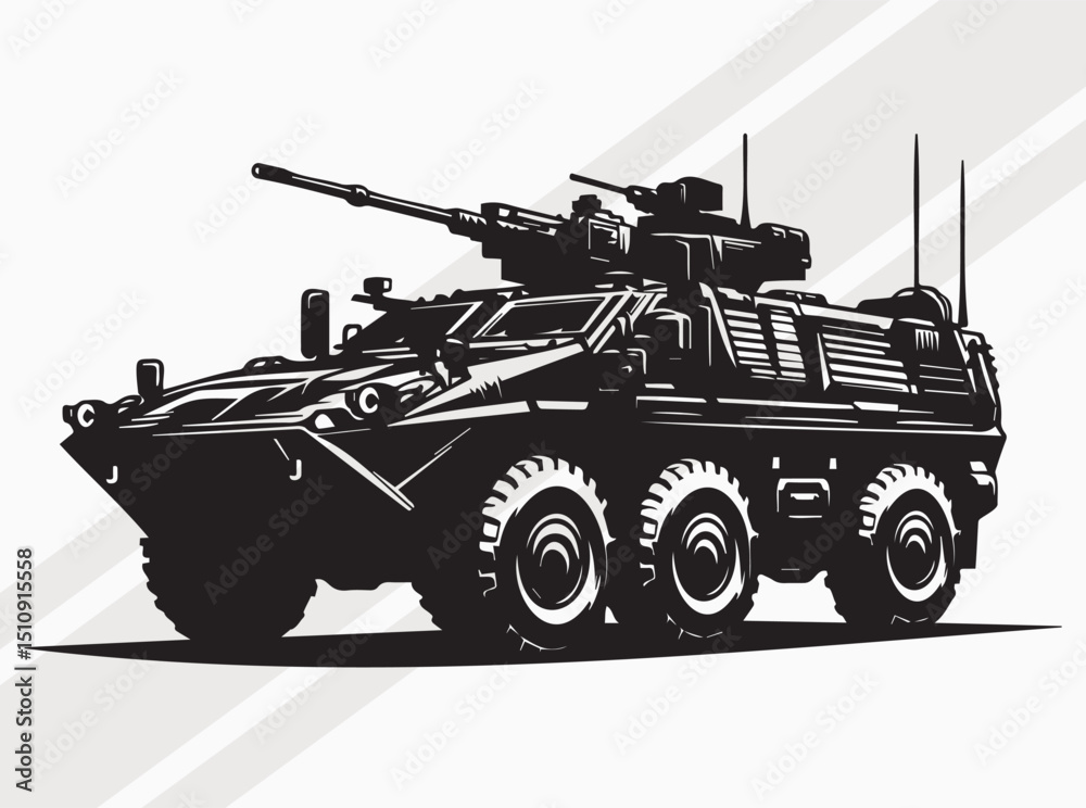 Fototapeta premium Military Armored Vehicle Silhouette Black Vector Illustration, Armored Military Vehicle with Advanced Tactical Equipment for Defense Operations