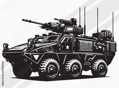 Military Armored Vehicle Silhouette Black Vector Illustration, Armored Military Vehicle with Advanced Tactical Equipment for Defense Operations