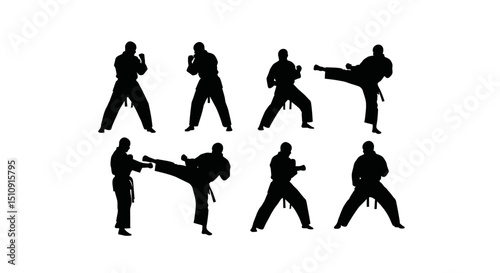 Karate Silhouette Set: A dynamic collection of eight karate silhouettes showcasing a variety of stances and kicks, perfect for martial arts promotions, or design projects.