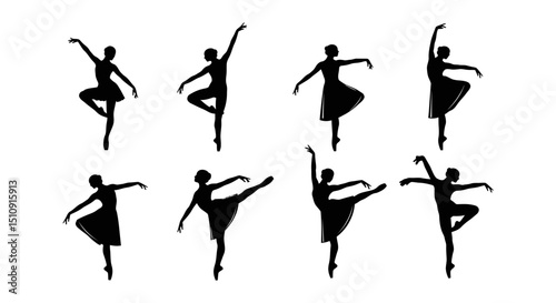 Elegant Silhouette Dance: A series of elegant silhouettes showcase the graceful movements of a ballerina. Each pose captures the fluidity, strength, and artistry of ballet, evoking a sense of poise.