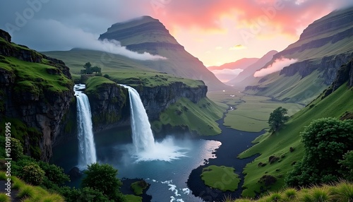 Majestic Green Valley with Waterfalls and Mountain Range at Sunset