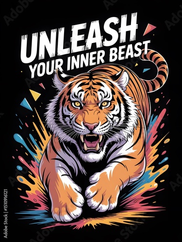 Bold Roaring Tiger T-shirt Design – Urban Street Art Style Graphic Tee with Paint Splash – Vector Style Modern Animal Shirt for Men & Women