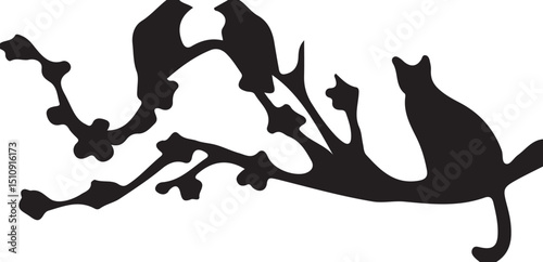 Silhouette of Cat and Birds on a Tree Branch – Vector Illustration