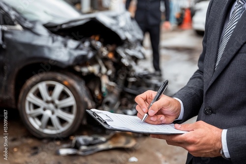 An official in a suit takes notes on a clipboard after a car accident on a bustling street. The wrecked vehicle is visible in the background, indicating the severity of the incident