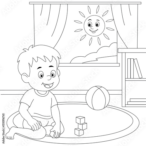 Coloring page of happy boy playing with toys at home. Educational printable worksheet for kids. Black and white line art vector illustration.