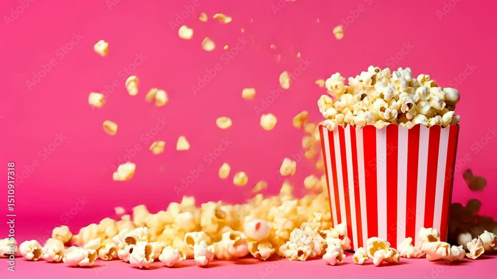 Striped popcorn box with falling kernels on pink background, fun carnival snack concept with playful food motion and colorful party vibe. 
