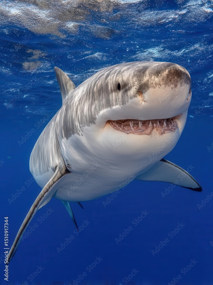 Fototapeta premium In the blue Pacific Ocean at Mexico's Guadalupe Island, a great white shark swims with its four primary fins under the warm rays of the sun