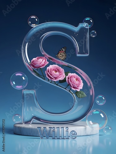 Stylish Glass Letter S with Pink Roses & Monarch Butterfly – 3D Render Art