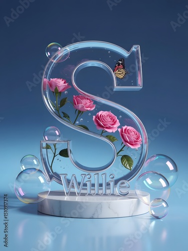 Stylish Glass Letter S with Pink Roses & Monarch Butterfly – 3D Render Art