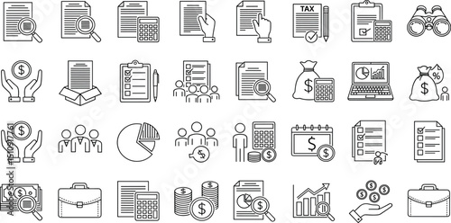 Accounting set of web icons in line style. Accounting and audit icons for web and mobile app. Containing finance report and audit, invoice, tax return, accounting, auditing, inspection and more