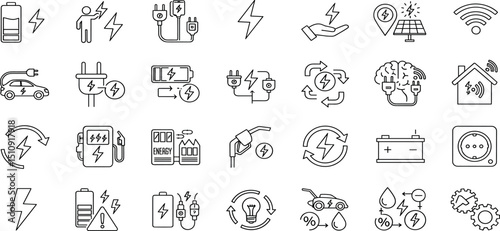  Charging Web Icon Set in Line Style. Collection of Electricity Linear Icons, Including wireless charging, charge, energy, socket, battery, charging station, ev, electric car and More. Editable Stroke