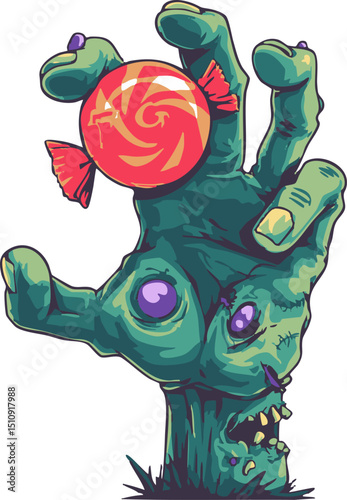 Zombie hand grabs candy in spooky halloween graphic vector art design