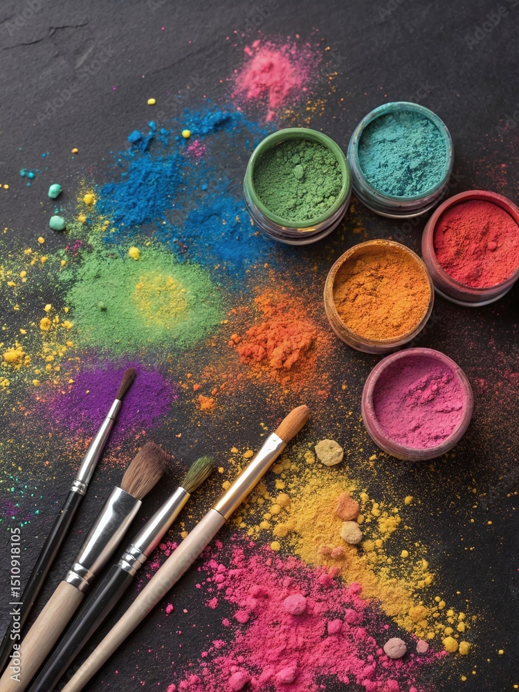 Fototapeta premium Vibrant Powdered Pigments with Brushes on Dark Surface