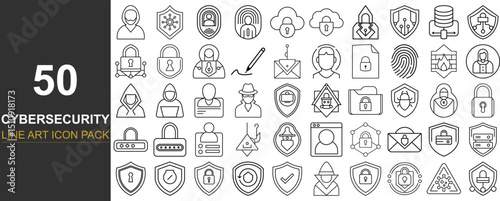 50 Clean Line Art Icons Focused on Cybersecurity and Data Protection Essentials Including Firewalls, Secure Browsing, Phishing Alerts, Digital Signatures, and Authentication Systems for Web and Mobile