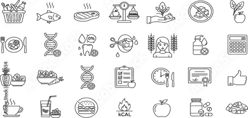  Healthy Food set of web icons in line style. Nutrition linear icon collection. Containing salad, fish, fruit, vegetables, water, protein, vitamins, healthy fats, carbohydrate and more. Editable strok