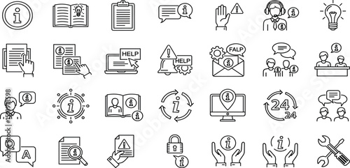  Information set of web icons in line style. Info and Help Desk icons for web and mobile app. Containing user manual, instruction, guidebook, reference, information support, assistant, customer help.