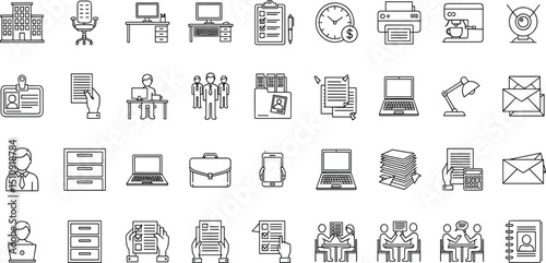 Office workspace set of web icons in line style. Office and coworking icons for web and mobile app. Office, remote working, meeting, co-worker, workspace, desk, computer, business icons and more 