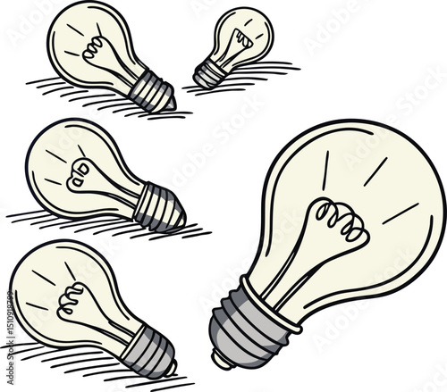 Five hand-drawn light bulbs with glowing filaments, scattered across a white background. The bulbs vary slightly in size and orientation, with some tilted or angled, and they have a simple.