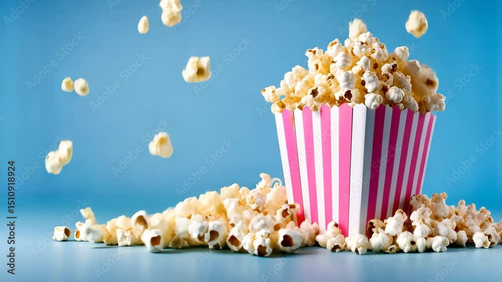 Striped white and pink popcorn box with falling kernels on pink background, fun carnival snack concept with playful food movement and colorful party atmosphere. 