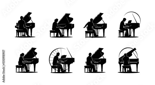 Pianist silhouette: A collection of elegant silhouettes of a pianist gracefully playing on grand pianos, capturing the art of music with detail.