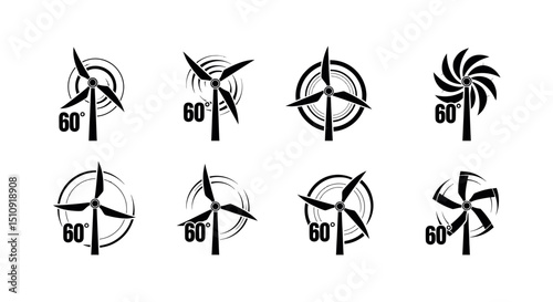 Wind Turbine Icons for Renewable Energy : A clean, minimalist graphic composition showcases multiple stylized wind turbine icons, representing sustainable power generation.
