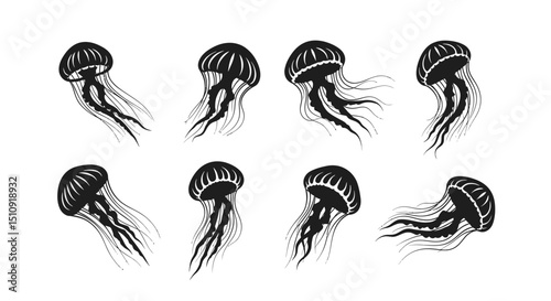 Jellyfish Ensemble: An evocative artistic illustration depicts a mesmerizing array of elegant jellyfish gracefully suspended against the unknown depth of ocean 