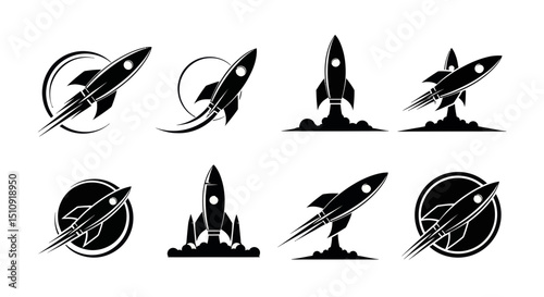 Rocket Launch Collection: A curated assortment of rocket launch illustrations, rendered in bold black lines on a crisp, clean backdrop.