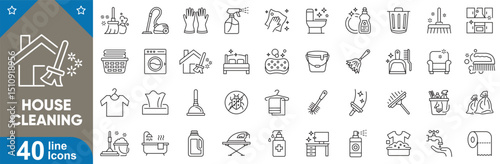 House cleaning line icons set vector illustration. Broom, mop, vacuum cleaner, bucket, spray bottle, gloves, laundry basket, washing tools, hygiene, toilet cleaner, trash bag and more.