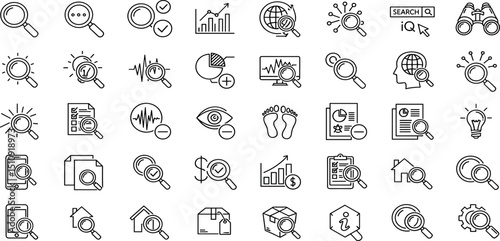 Search set of web icons in line style. Magnifying glass linear icon collection. Containing SEO, Digital marketing, data analysis, management, investigate, find and more. Editable stroke