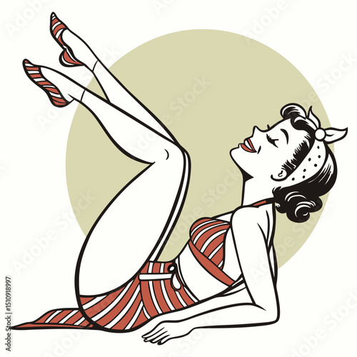 Retro woman sunbathing cartoon illustration. vintage swimsuit pin-up girl